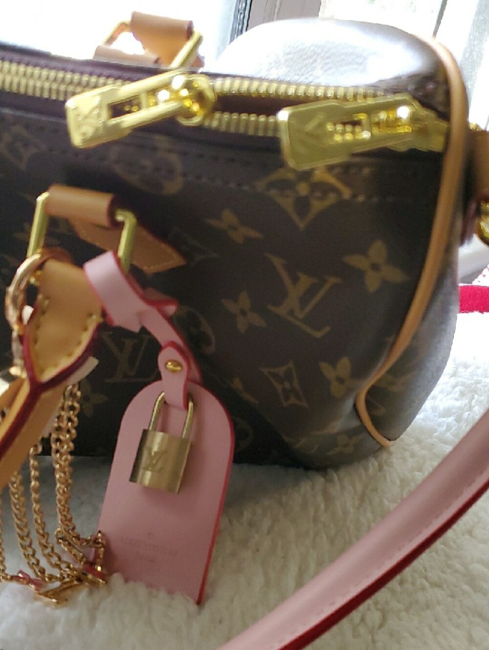 Brown Monogram Satchel with Pink Strap and Gold Hardware - Picture 7 of 11